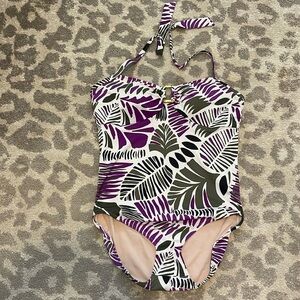 Lands End Womens One Piece Swimsuit Halter Tie Neck Purple Leaf Print 16